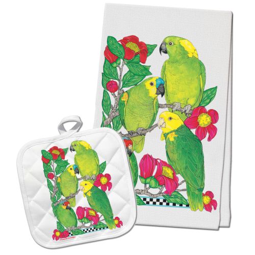 Amazon Parrot Floral Kitchen Dish Towel and Pot Holder Gift Set