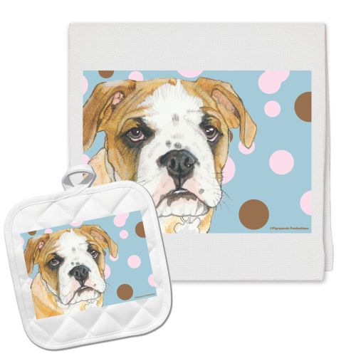 Bulldog Pup Kitchen Dish Towel and Pot Holder Gift Set