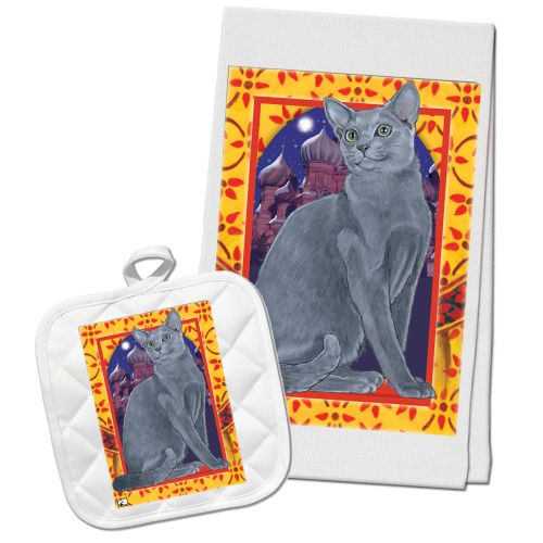 Cat Russian Blue Kitchen Dish Towel and Pot Holder Gift Set
