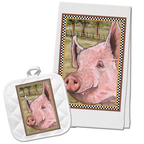 Pig Lovers Farm Kitchen Dish Towel and Pot Holder Gift Set