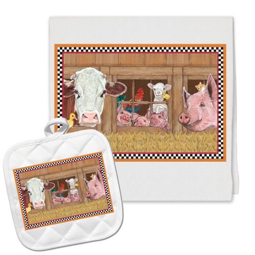 Barnyard Farm Animals Kitchen Dish Towel and Pot Holder Gift Set