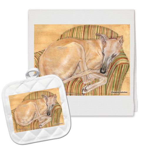 Greyhound Tan Kitchen Dish Towel and Pot Holder Gift Set
