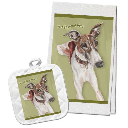 Greyhound Brindle and White Kitchen Dish Towel and Pot Holder Gift Set