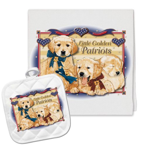 Golden Retriever Patriotic Kitchen Dish Towel and Pot Holder Gift Set
