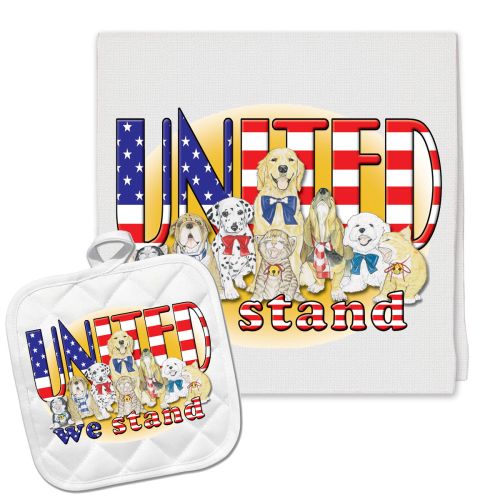 Dogs and Cats Patriotic Pets Kitchen Dish Towel and Pot Holder Gift Set