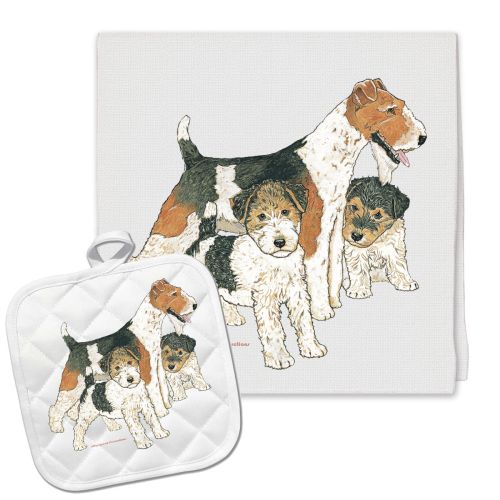 Fox Terrier Wire Haired Kitchen Dish Towel and Pot Holder Gift Set