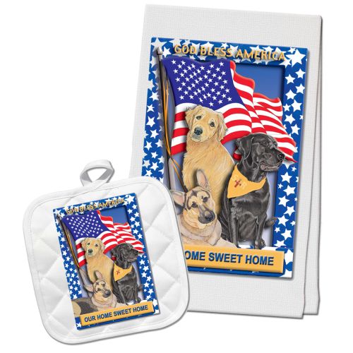 Dogs Patriotic Kitchen Dish Towel and Pot Holder Gift Set