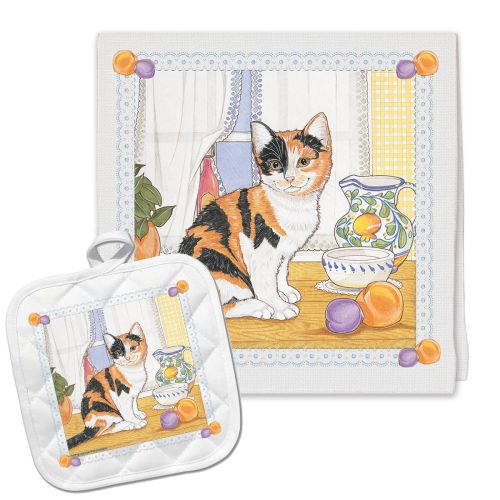 Calico Cat Kitchen Dish Towel and Pot Holder Gift Set