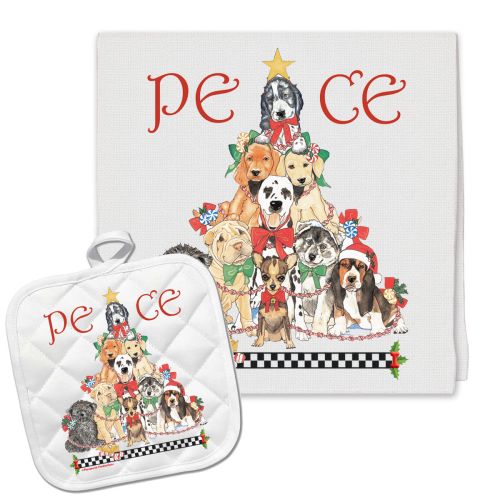 Dog O'Christmas Peace Tree Kitchen Towel and Pot Holder Gift Set