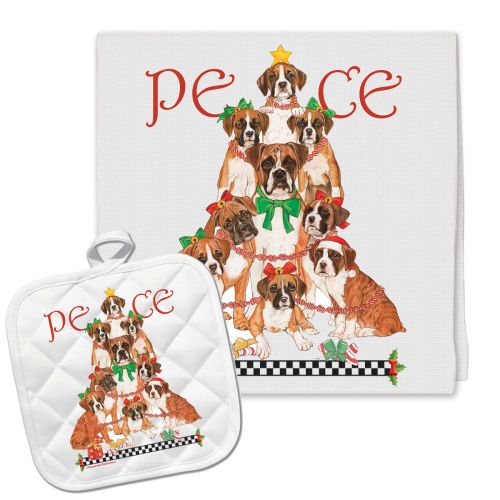 Boxer Peace Tree Christmas Kitchen Towel and Pot Holder Gift Set