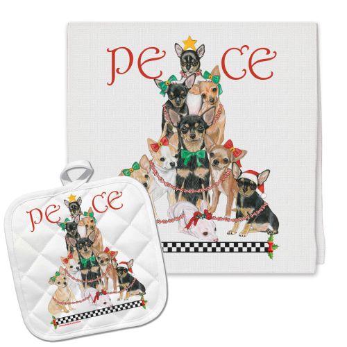 Chihuahua Peace Tree Christmas Kitchen Towel and Pot Holder Gift Set