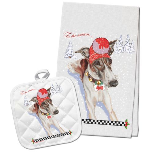 Greyhound Brindle and White Holiday Dish Towel and Pot Holder Gift Set