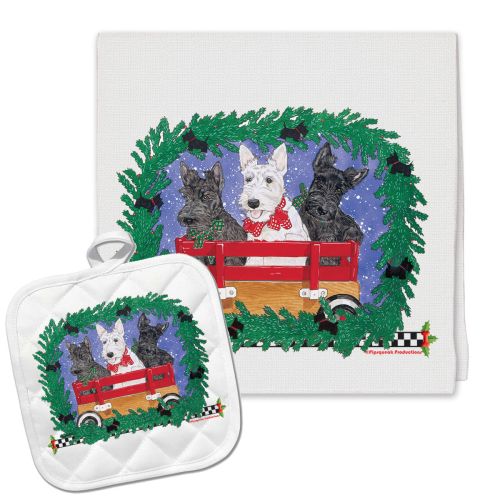 Scottish Terrier Peace Tree Christmas Kitchen Towel and Pot Holder Gift Set