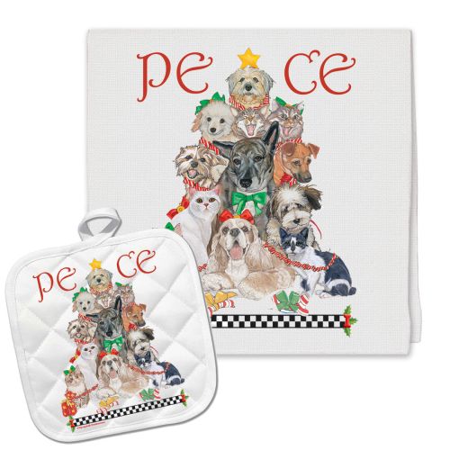 Dog with Cat Peace Tree Christmas Kitchen Towel and Pot Holder Gift Set