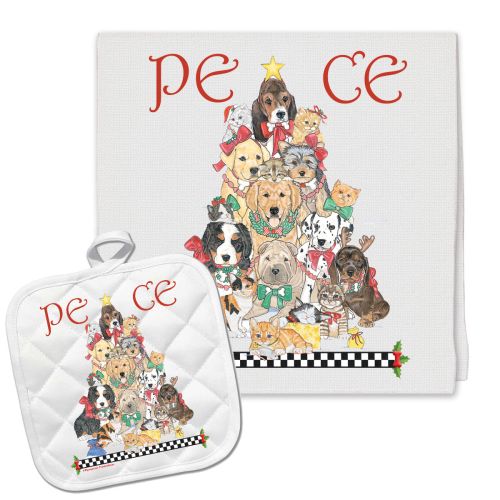 Dog with Cat Critter Peace Tree Christmas Kitchen Towel and Pot Holder Gift Set