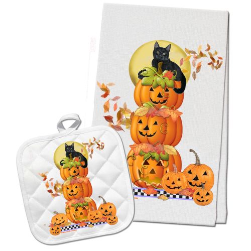 Cat Black Cat on Halloween Pumpkins Kitchen Dish Towel and Pot Holder Gift Set