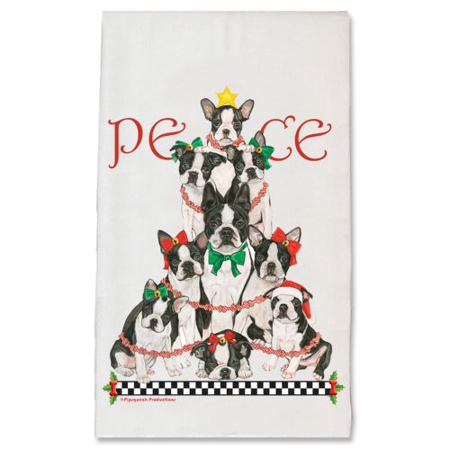 Boston Terrier Peace Tree Christmas Kitchen Towel Holiday Pet Gifts