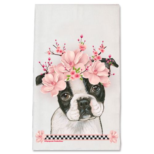 Boston Terrier Dog Floral Kitchen Dish Towel Pet Gift