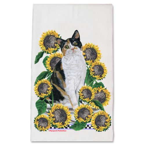 Calico Cat Under the Tuscan Sunflowers Floral Kitchen Dish Towel Pet Gift