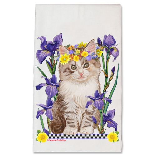 Cat Tabby Cat with Irises Floral Kitchen Dish Towel Pet Gift