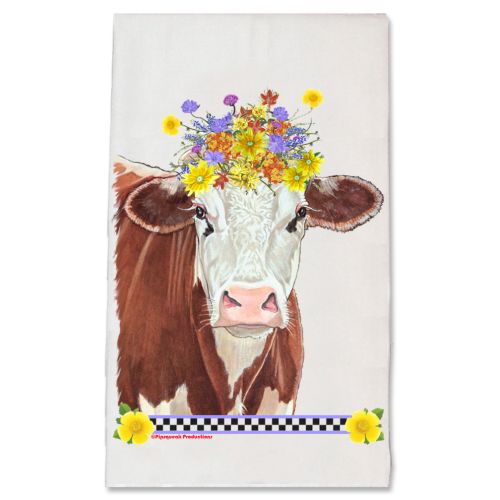 Cow Brown and White Hereford Cow Farm Floral Kitchen Dish Towel Pet Gift