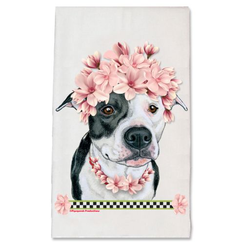 Pit Bull White and Black Pit Bull Dog Floral Kitchen Dish Towel Pet Gift