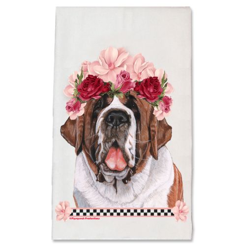 Saint Bernard Dog Floral Kitchen Dish Towel Pet Gift