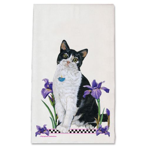 Cat Black and White Tuxedo Cat Floral Kitchen Dish Towel Pet Gift