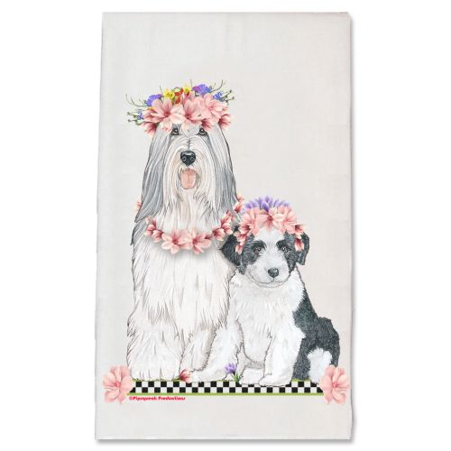 Bearded Collie Dog with Flowers Kitchen Dish Towel Pet Gift