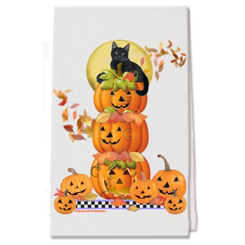 Cat Black Cat on Halloween Pumpkins Kitchen Dish Towel Pet Gift