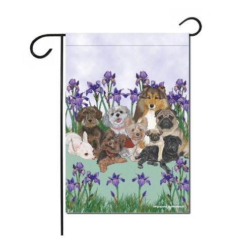 Dogs with Iris Flowers Garden Flag Double Sided 12” X 17”