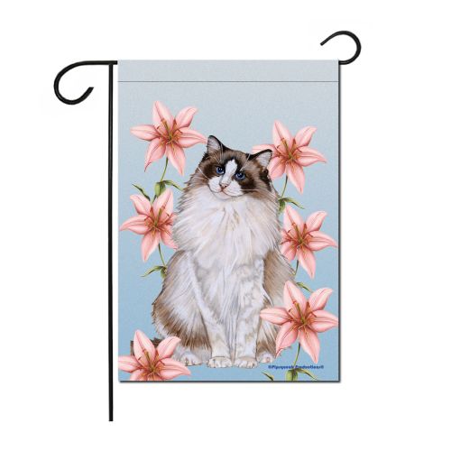 Cat Ragdoll with Pink Lilies Garden Flag Double Sided 12” x 17”