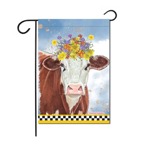Cow Brown and White Hereford Cow Floral Garden Flag Double Sided 12 x 17 in. 