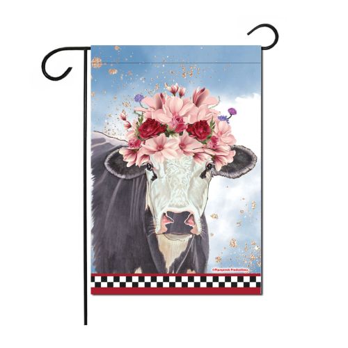 Cow Black and White Holstein Cow Floral Garden Flag Double Sided 12 x 17 in. 