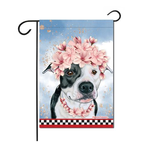 Pit Bull Black and White Pit Bull Floral Garden Flag Double Sided 12 x 17 in. 