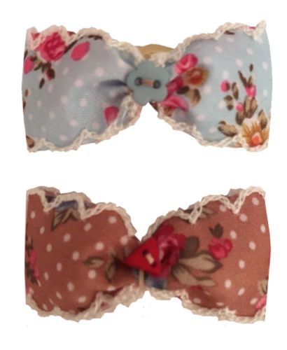 Dog Hair Bows Summer Spring Duo, Blue Polka Dot and Brown Polka Dot with Flowers