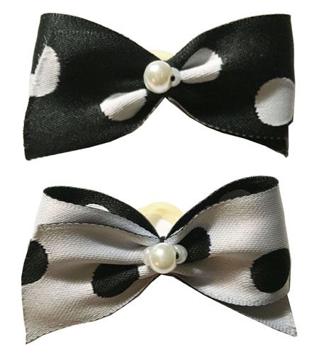 Dog Hair Bows Two White with Black Polka Dots 