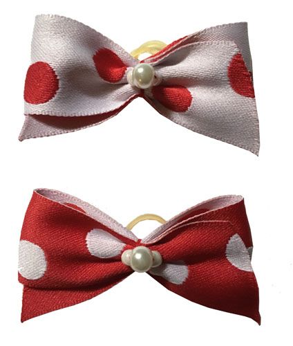 Dog Hair Bows Two Red and White Polka Dot with Pearls
