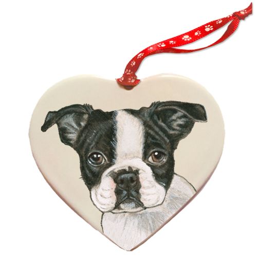 Boston Terrier Porcelain Heart Ornament Double-Sided