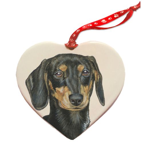 Dachshund Black and Tan Porcelain Heart Ornament Double-Sided