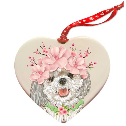 Shih Tzu Dog Porcelain Floral Heart Shaped Ornament Décor Pet Gift