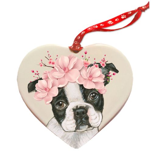Boston Terrier Porcelain Floral Heart Shaped Ornament Décor Double-Sided