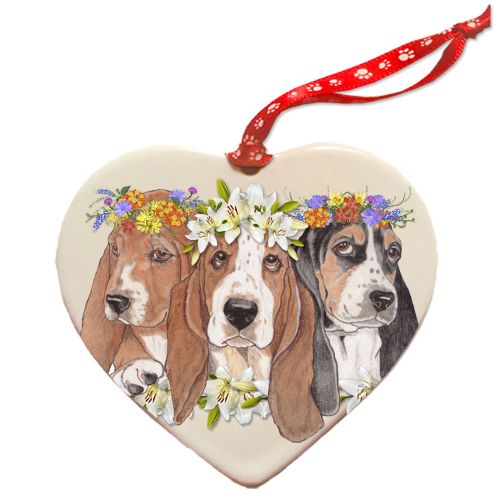 Basset Hound Porcelain Floral Heart Shaped Ornament Double-Sided 