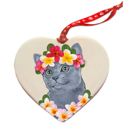 Cat Russian Blue Porcelain Floral Heart Shaped Ornament Double-Sided