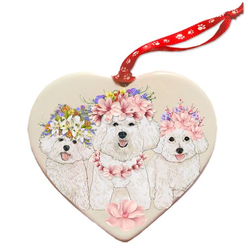 Bichon Frise Porcelain Floral Heart Shaped Ornament Double-Sided 