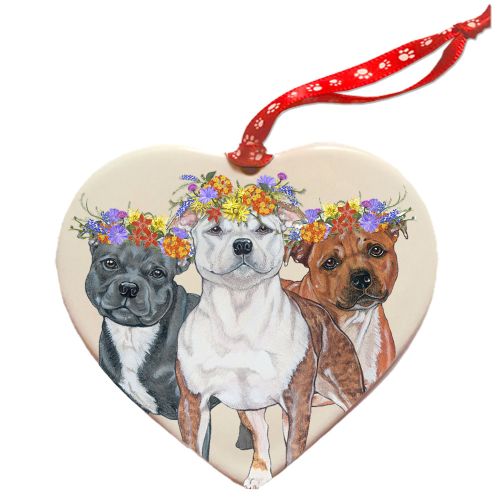 Staffordshire Bull Terrier Staffie Dog Porcelain Floral Heart Shaped Ornament Décor Pet Gift