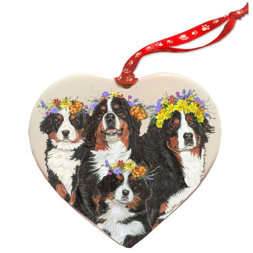 Bernese Mountain Dog Porcelain Floral Heart Shaped Ornament Double-Sided 