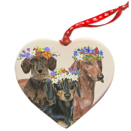 Dachshund Porcelain Floral Heart Shaped Ornament Double-sided