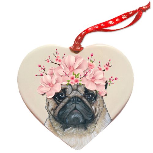 Pug Dog Porcelain Floral Heart Shaped Ornament Décor Pet Gift