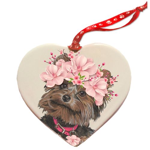 Yorkshire Terrier Yorkie Dog Porcelain Floral Heart Shaped Ornament Décor Pet Gift